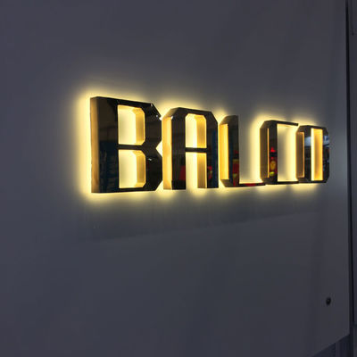 इलेक्ट्रोप्लेटिंग गोल्ड मिरर मेटल बैकलिट लेटर साइन M4 स्क्रू माउंट